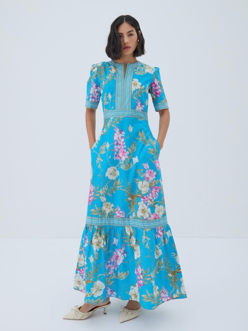 Turquoise Floral Maxi Dress with Short Sleeves and Keyhole Detail